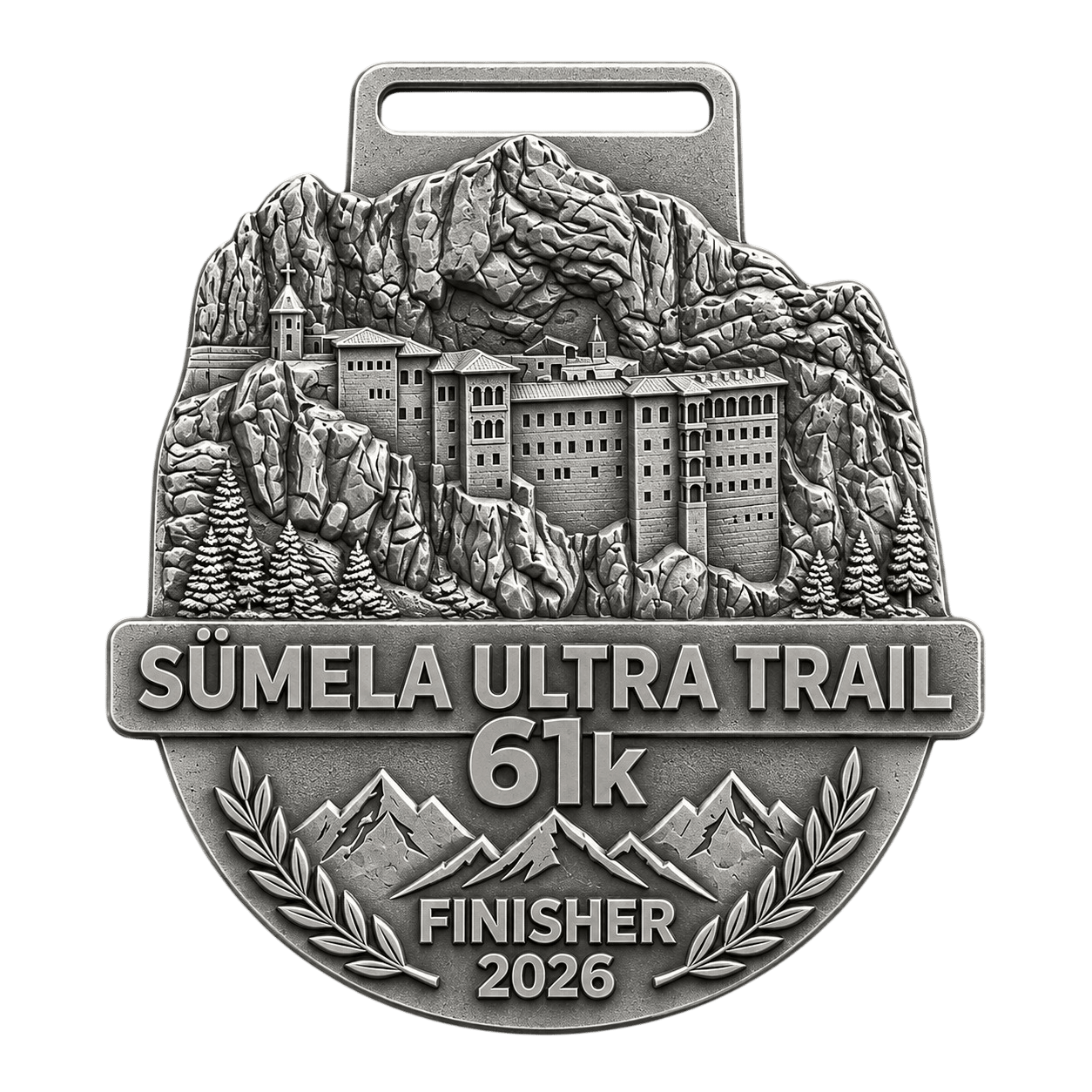 Sümela Ultra Trail 61k yazılı, dağ ve yapı kabartmaları bulunan metal parça