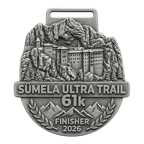 Sümela Ultra Trail 61k yazılı, dağ ve yapı kabartmaları bulunan promosyon parçası